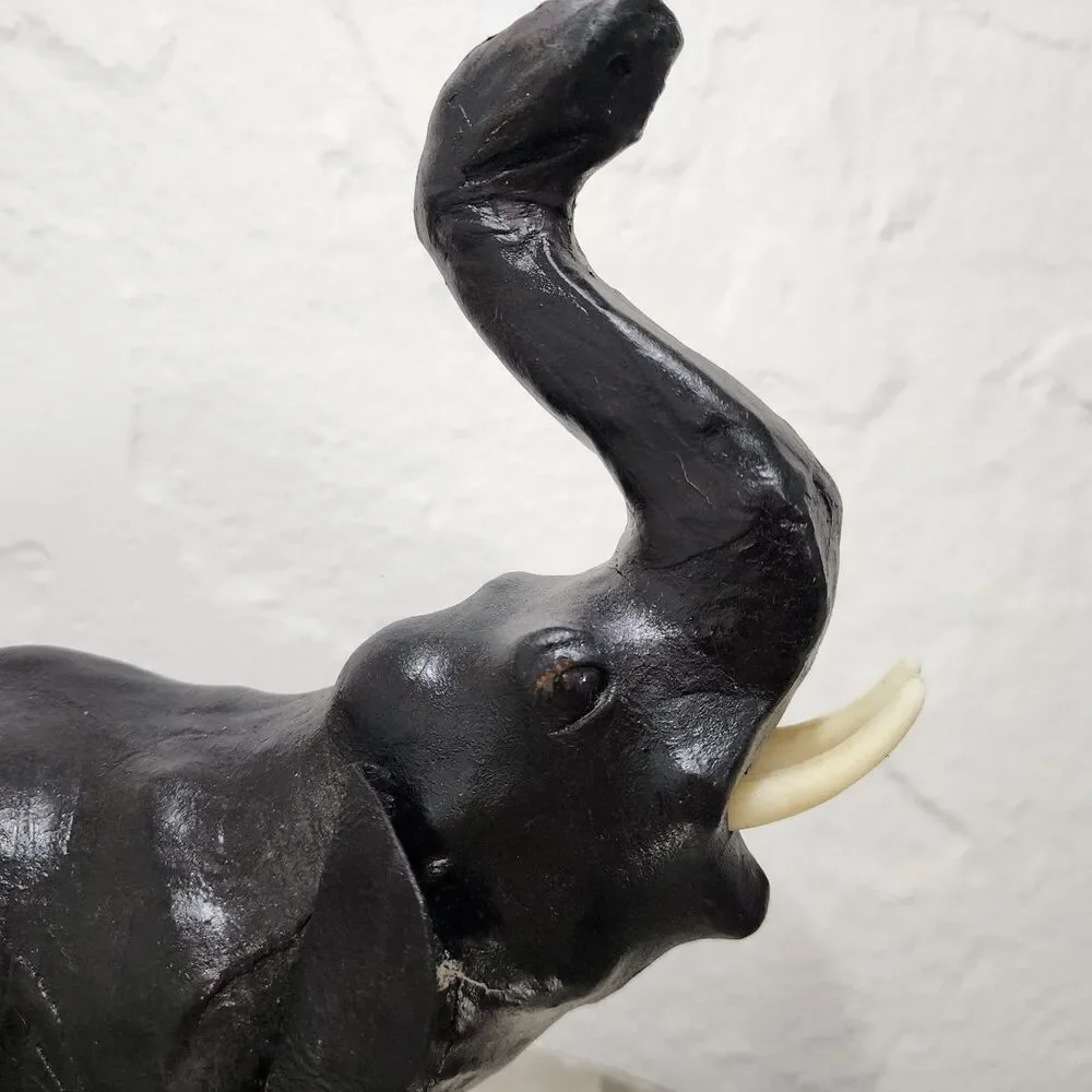 Vtg Black Leather Wrapped Elephant Statue Figurine Trunk Up MCM Safari Decor 11